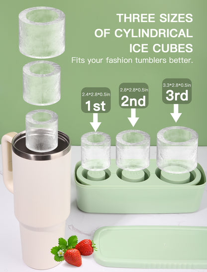 Ukulork Ice Cube Tray for 40Oz Tumbler Cup, 3 Pcs Silicone Cylinder Ice Mold with Lid and Bin for Freezer, Ice Drink, Juice, Whiskey, Cocktail, Summer Gifts